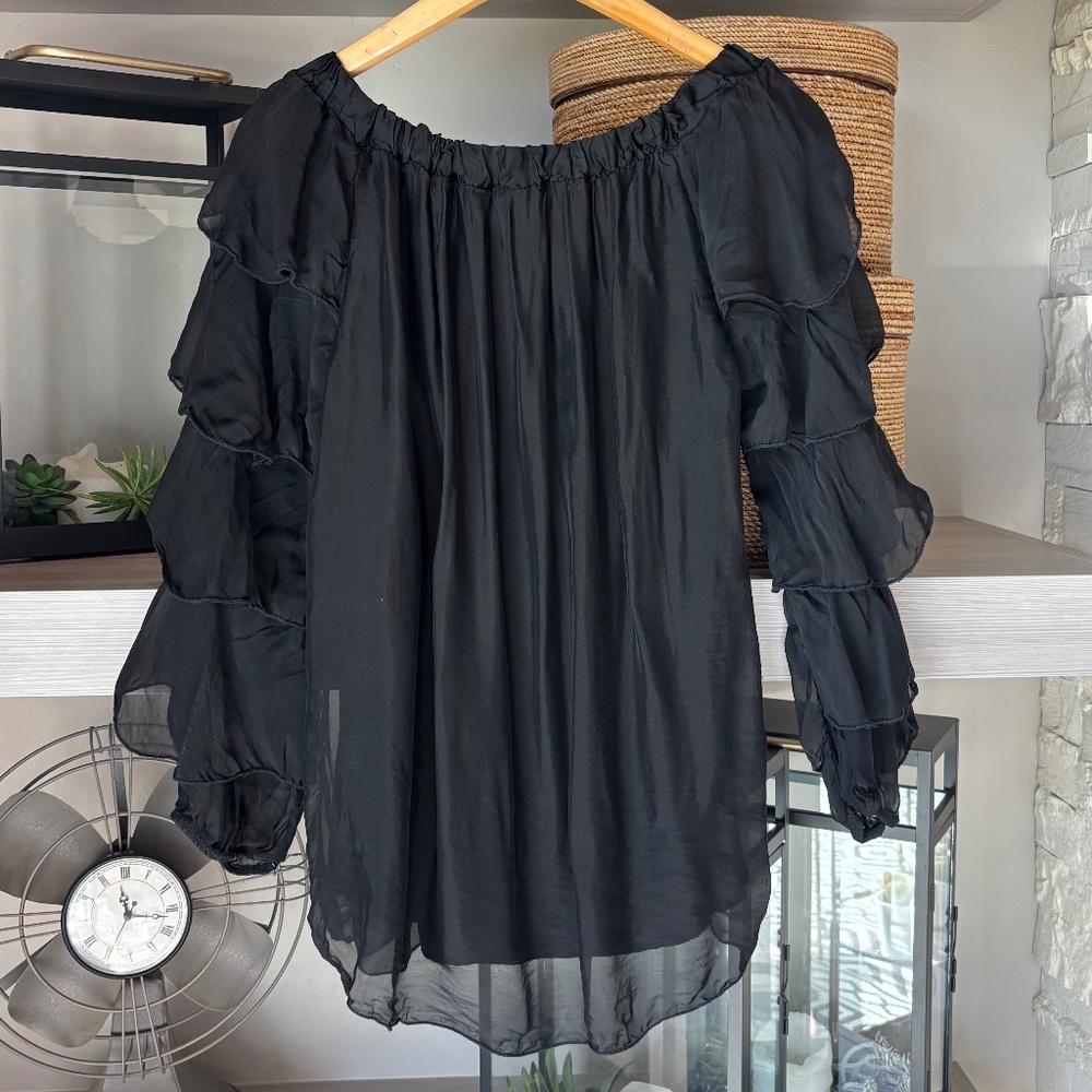 Black Tiered Blouse Off Shoulder Option Made In Italy